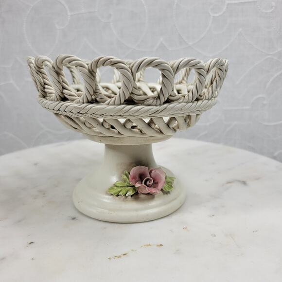 Vintage Capodimonte Pedestal Bowl 4.25" Pink Flower Woven Porcelain Basket - Picture 9 of 16
